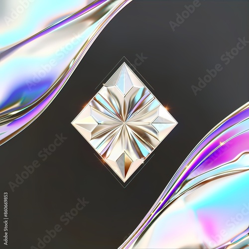 Abstract Geometric Design with Shiny Crystal Element and Fluid Metallic Waves. Elegant Reflections and Light Play in a Futuristic, Minimalistic Composition with High Contrast and Smooth Curves.