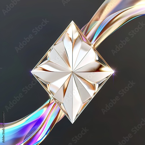 Abstract Geometric Design with Shiny Crystal Element and Fluid Metallic Waves. Elegant Reflections and Light Play in a Futuristic, Minimalistic Composition with High Contrast and Smooth Curves.