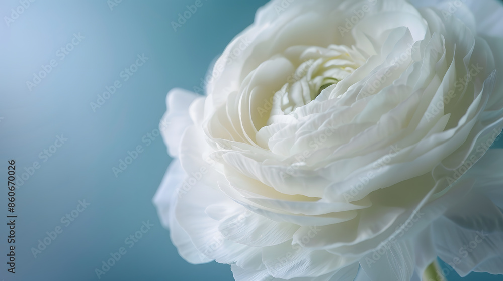 luxurious white ranunculus on a soft blue background Extreme Flower Closeup full frame Blurred and selective focus : Generative AI luxurious white ranunculus on a soft blue background Extreme Flower Closeup full frame Blurred and selective focus : Generative AI