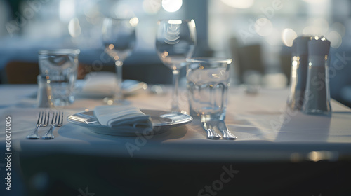 Lunch tablecloth with white plates glasses and received name plate in restaurant Focus is at glasses : Generative AI photo