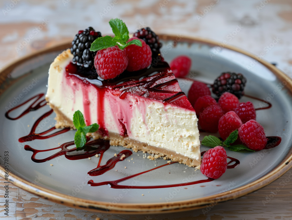 A slice of cheesecake cake with berries and chocolate A slice of cheesecake cake with berries and chocolate