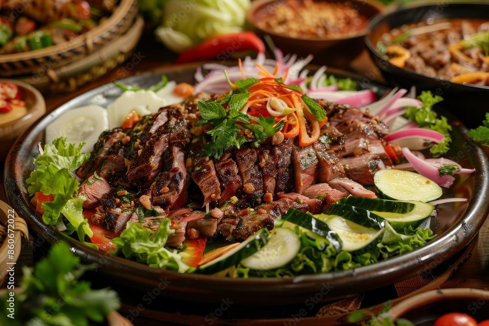 Authentic Isaan Style Grilled Meat Salad (Nam Tok) Preparation in Digital Collage with Natural Light Authentic Isaan Style Grilled Meat Salad (Nam Tok) Preparation in Digital Collage with Natural Light