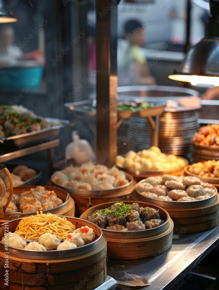 Obraz premium Gastronomic Delights: Exploring Dim Sum and Noodle Stalls at Yaowarat Night Market