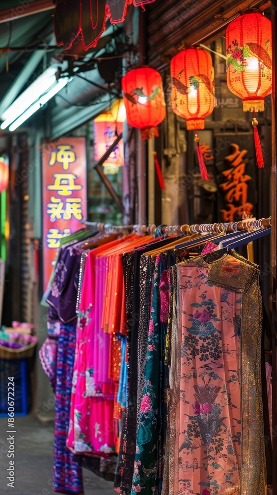 Vibrant Cultural Fusion: Traditional Thai Clothing and Handicrafts Among Neon Signs in Bangkok Chinatown Vibrant Cultural Fusion: Traditional Thai Clothing and Handicrafts Among Neon Signs in Bangkok Chinatown