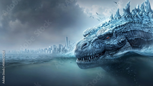 Giant Sea Monster Menacing City Skyline in Dramatic Fantasy Art photo
