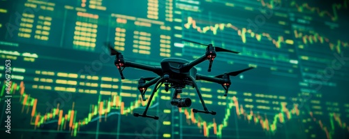 A high-tech quadcopter drone flying in front of a backdrop of finance market graphs, symbolizing the merging of aviation technology and financial analytics in a modern style.