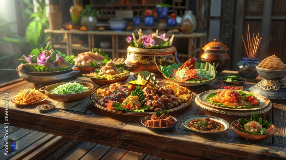 Vibrant 3D Rendering of Authentic Thai Isaan Food Platter in Traditional Setting with Global Illumination Vibrant 3D Rendering of Authentic Thai Isaan Food Platter in Traditional Setting with Global Illumination