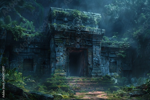 doorway temple jungle stone wall stunning rise adventurer thunder foggy buddhist courtyard lit cube year mystifying