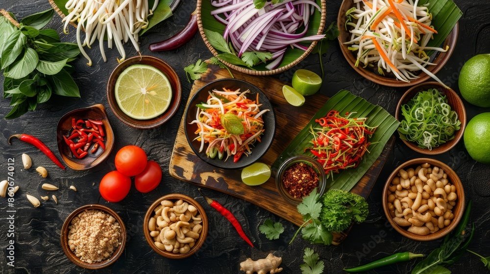 Vibrant Variations of Som Tam on Traditional Table - Detailed Ultra Realistic Photo of Fresh Ingredients Vibrant Variations of Som Tam on Traditional Table - Detailed Ultra Realistic Photo of Fresh Ingredients