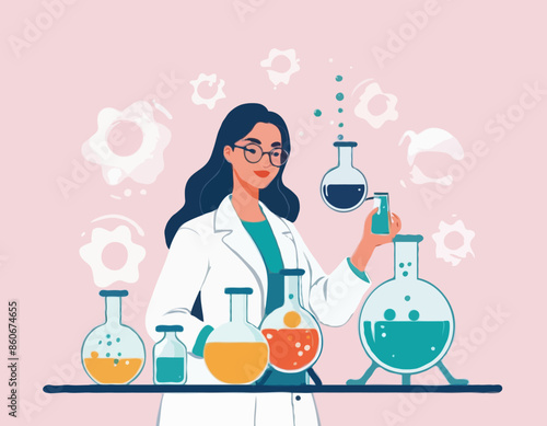 Young beautiful woman chemist with flasks with liquid in hand. Scientist girl is experimenting with equipment for vaccine discovery. Girl working on antiviral treatment development