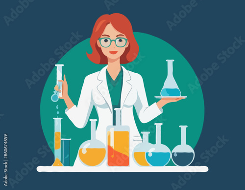 Young beautiful woman chemist with flasks with liquid in hand. Scientist girl is experimenting with equipment for vaccine discovery. Girl working on antiviral treatment development