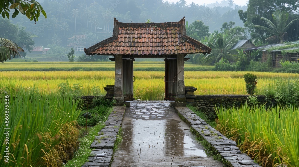 Obraz premium Traditional gate leading to rice fields in indonesia