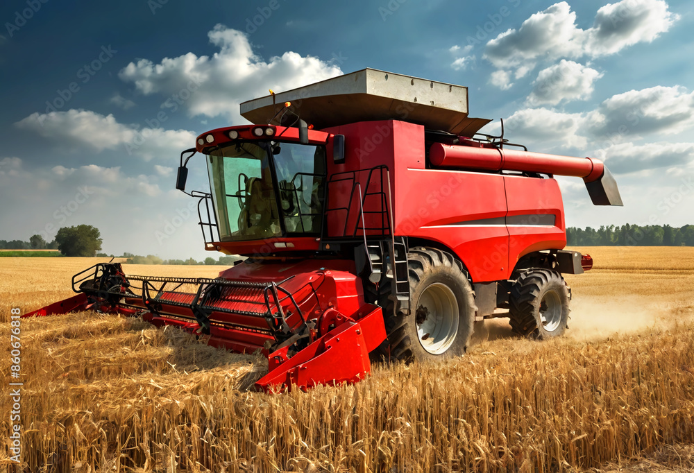 Fototapeta premium Red combine harvester does harvesting - wheat field. Generative AI