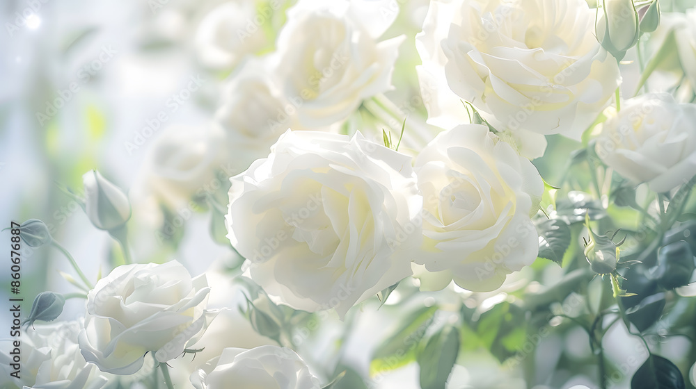 Obraz premium Blooming white roses in the garden Wedding background Selective focus : Generative AI