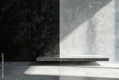 Minimalistic interior with marble walls and a beam of light