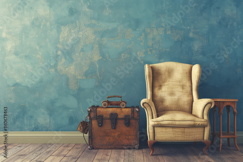Vintage furniture against blue wall