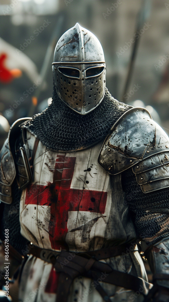 Fototapeta premium medieval soldier in the crusades, on the battlefield with armor, helmet, chain mail, and the symbol of the red cross of the templar knights. epic warrior scene in war for the background of a wallpaper