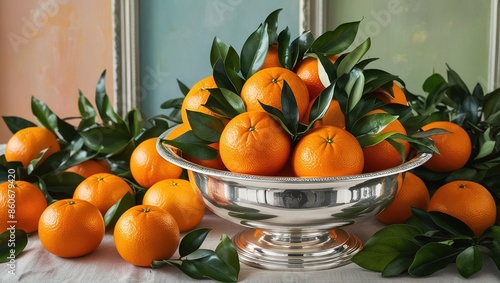 A silver bowl filled with oranges and leaves