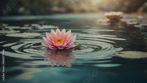 Pink water lily gracefully floats on water's surface