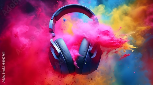 Headphone and vivid color powder. Creative music and festival concept.