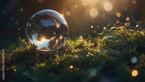 Glass ball on grass with sunlight shining through, creating a beautiful prism effect © Arman
