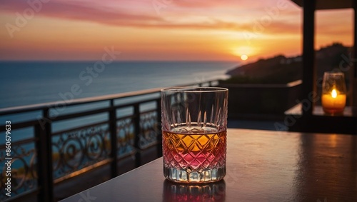 Whiskey glass on table with ocean view