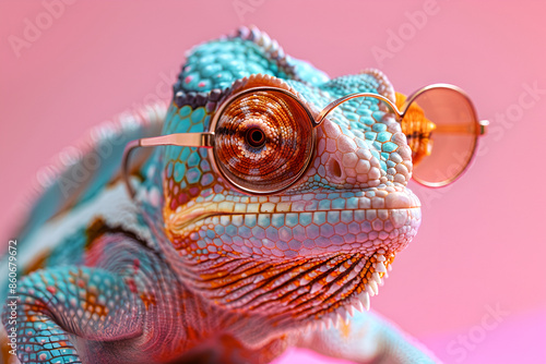 Colorful chameleon lizard in stylish pink glasses posing on matching pink background, trendy and vibrant fashion accessory concept for beauty and art enthusiasts photo