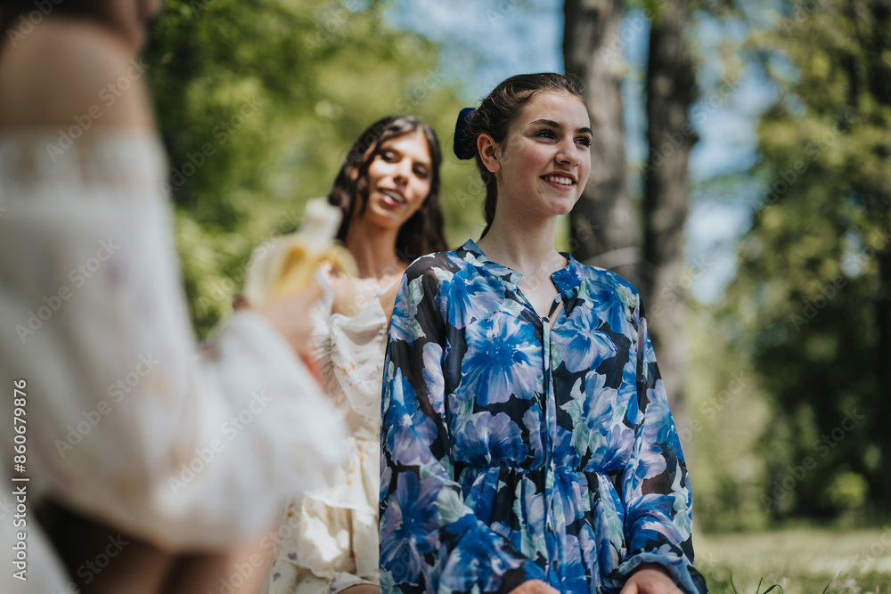 This image captures two sisters in a park, one smiling joyfully while the other eats a banana. A genuine display of sibling relationships and leisure time outdoors.
