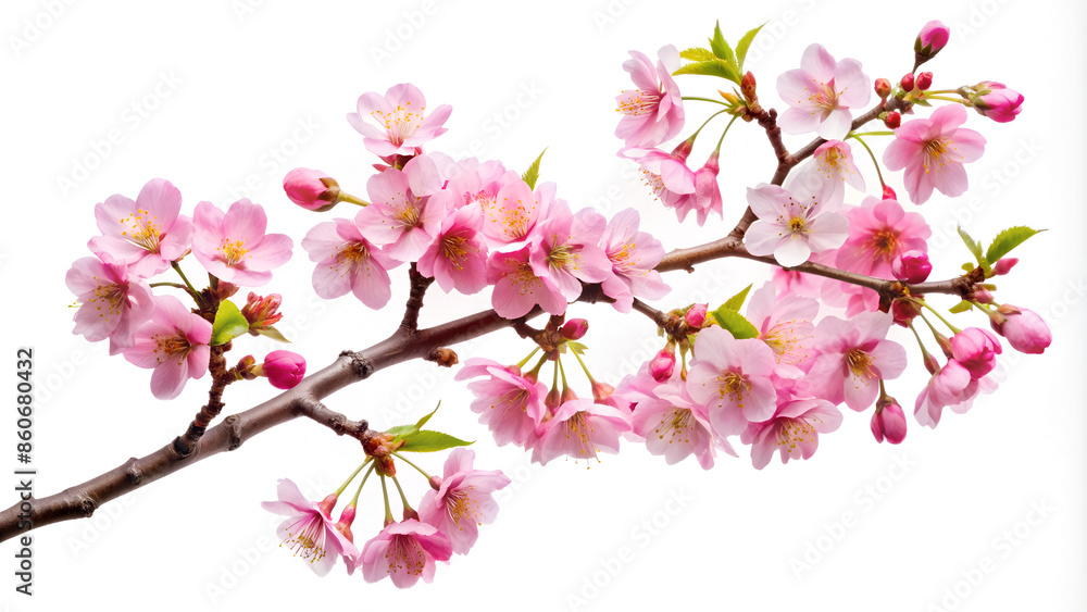 Blooming pink cherry blossoms against a white background for your design.
Blooming pink cherry blossoms against a white background for your design.