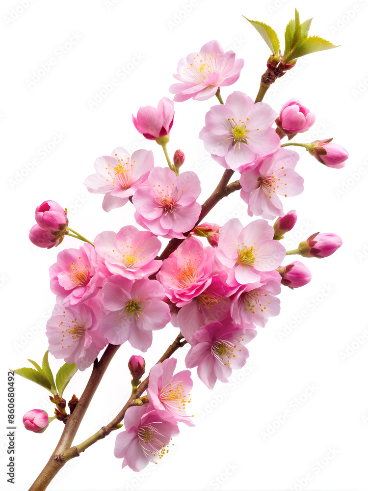Naklejka premium Blooming pink cherry blossoms against a white background for your design. 