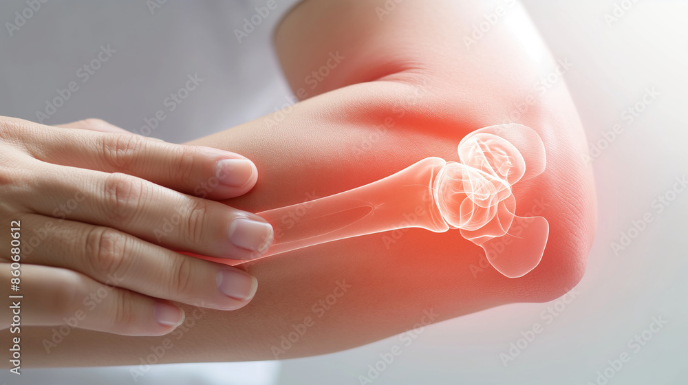 Naklejka premium A hand holding an inflamed elbow joint, with a transparent overlay showing internal bone structure...Detailed visualization of elbow joint pain, highlighting the internal anatomy and inflammation