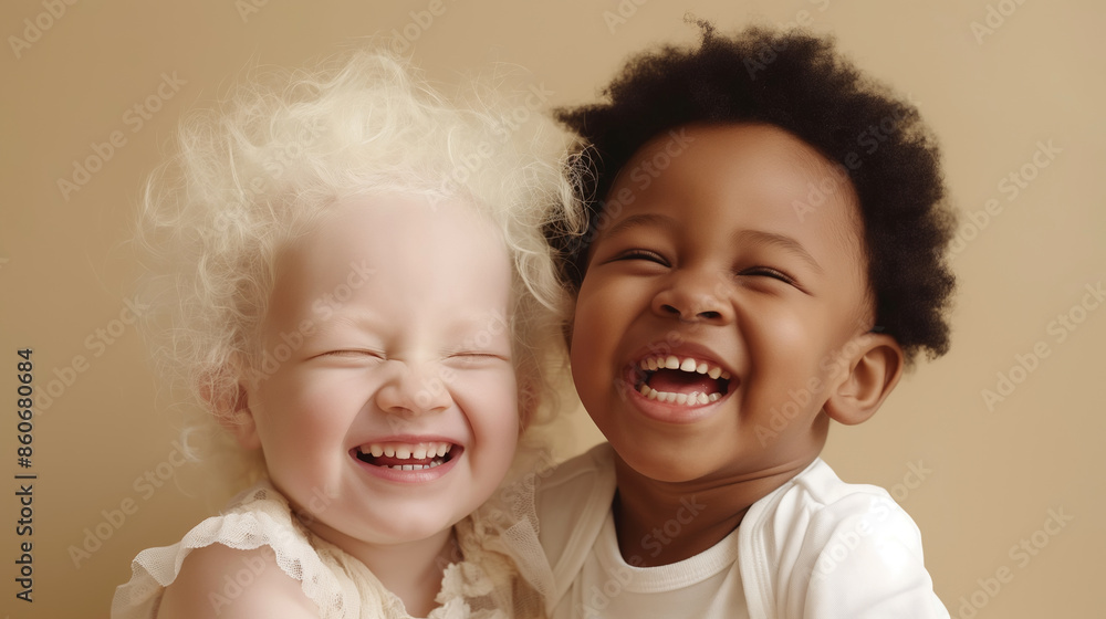 Two joyful children african american and albino laughing together in a heartwarming close-up..Captures the pure happiness and friendship of diverse children sharing a laugh. Two joyful children african american and albino laughing together in a heartwarming close-up..Captures the pure happiness and friendship of diverse children sharing a laugh.