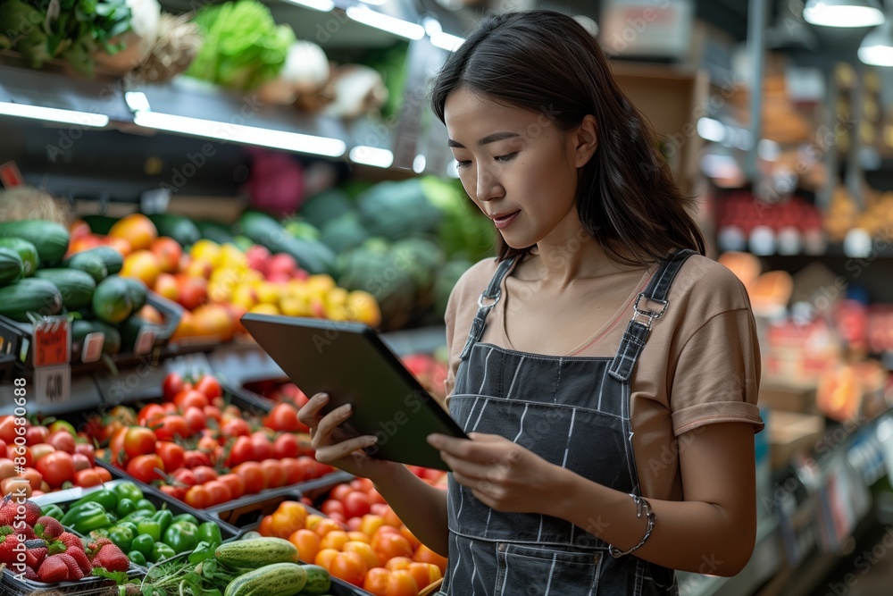 Obraz premium Woman Using Tablet in Produce Section of Grocery Store