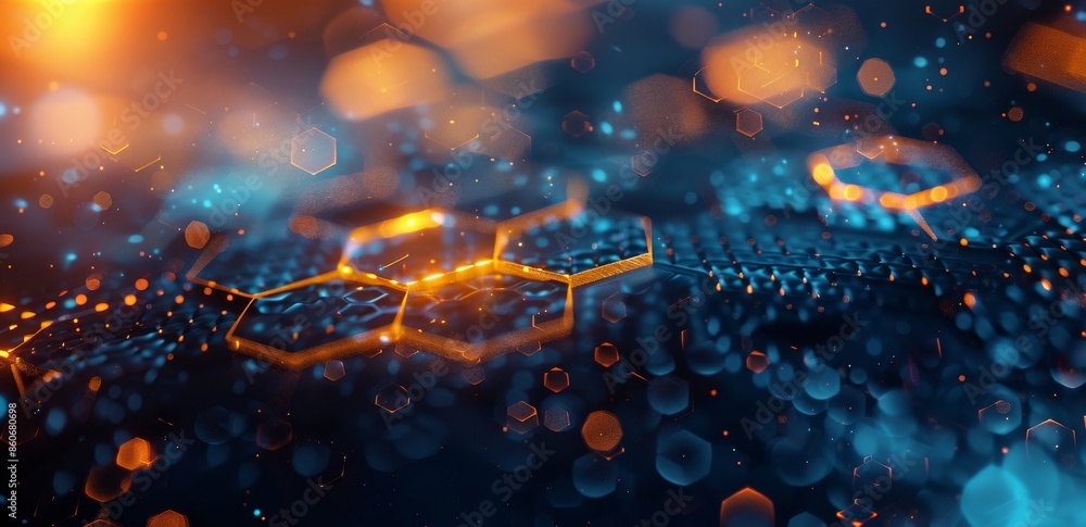 Fototapeta premium Closeup of Glowing Orange and Blue Hexagon Pattern