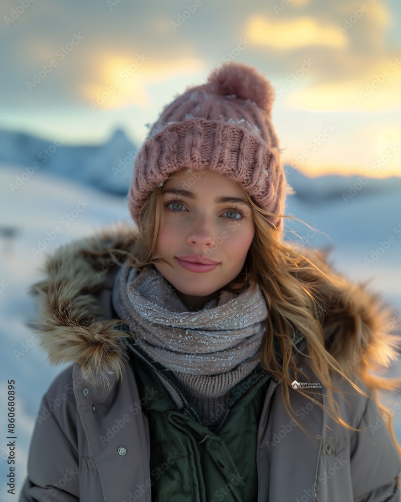 woman pink hat scarf standing snow honey colored eyes teenage girl wearing hood alps almost smiling sunset woman pink hat scarf standing snow honey colored eyes teenage girl wearing hood alps almost smiling sunset