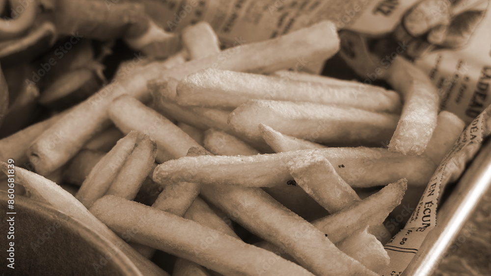 French Fries In Newspaper Close-Up Sepia Tone French Fries In Newspaper Close-Up Sepia Tone