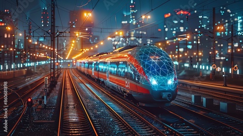 A futuristic train rides on glowing tracks during the night, embodying the essence of advanced urban transportation integrated seamlessly with city nightlife.