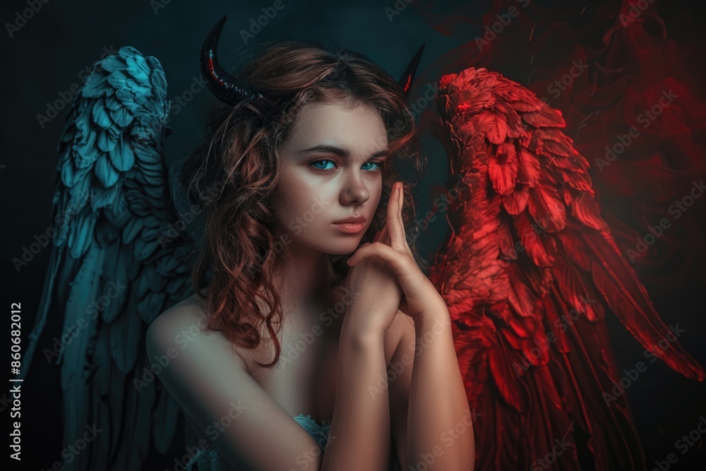 A mysterious figure with horns and wings standing on a dark background A mysterious figure with horns and wings standing on a dark background