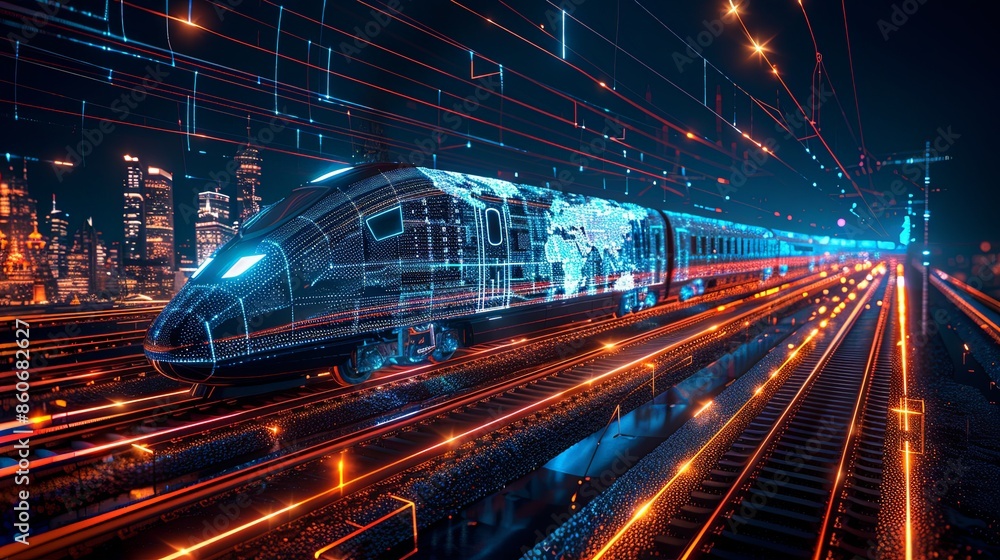 An ultra-modern train zooming on illuminated tracks in a vibrant night. The scene highlights the seamless blend of technology and urbanization under city lights. An ultra-modern train zooming on illuminated tracks in a vibrant night. The scene highlights the seamless blend of technology and urbanization under city lights.