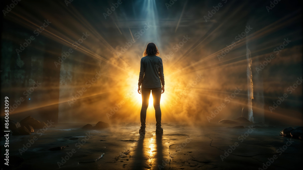 Fototapeta premium A woman stands in a dark room with Gods bright light shining on her