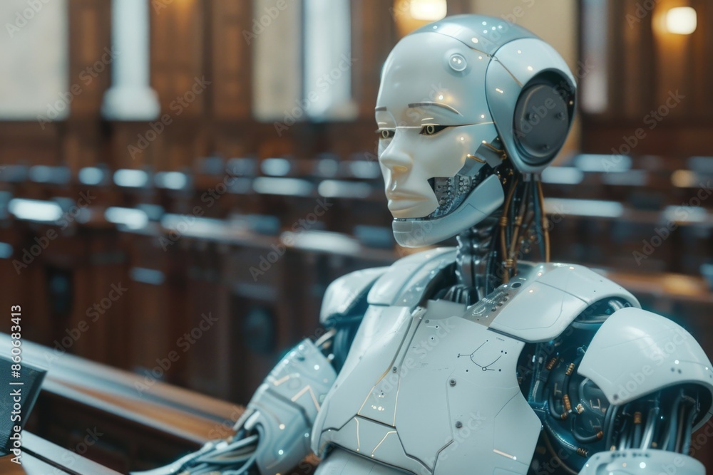 A robot sits in a courtroom wearing headphones, ready to listen A robot sits in a courtroom wearing headphones, ready to listen