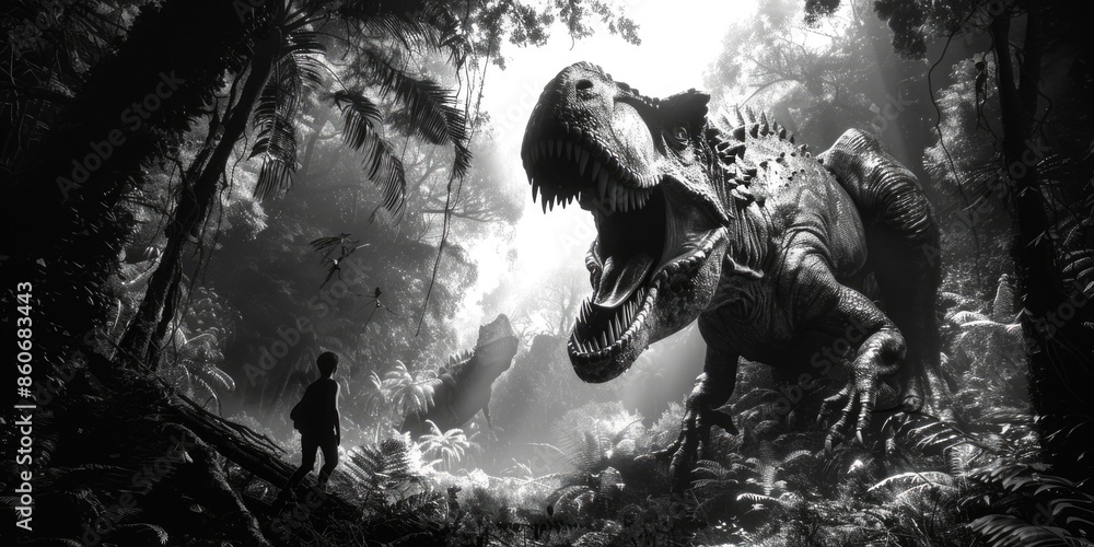 Obraz premium A person standing beside a dinosaur in a dense forest environment
