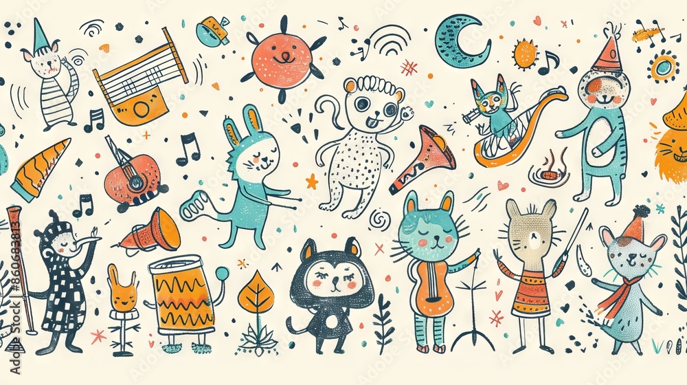 custom made wallpaper toronto digitalA whimsical and vibrant collection of hand-drawn animal characters playing musical instruments. The perfect addition to any child's room or nursery.