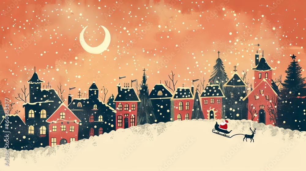 Fototapeta premium A winter wonderland of a small town with a sleigh being pulled by two reindeers with a man in a red suit waving. The moon is in the orange sky and the snow is falling.