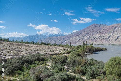 A picturesque snowy mountain set against a serene blue sky, Nubra Valley, Himalayas