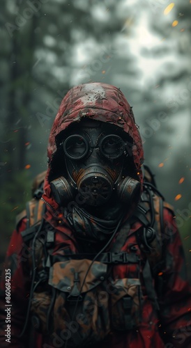 man gas mask red jacket woods arcane apocalyptic environment full body portrait ranger wear hiking clothes details virus juggernaut