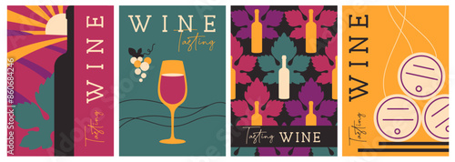 Set of modern magazine covers or posters with wine bottles and glasses. Restaurant menu design. Vector illustration