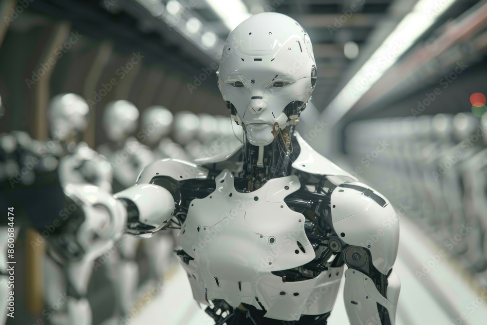 A robot stands among a crowd of people, possibly at an event or meeting A robot stands among a crowd of people, possibly at an event or meeting