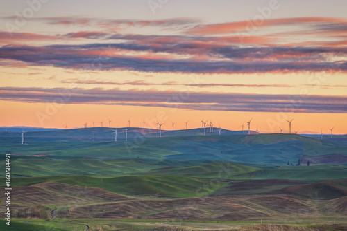 Sunset view of the rolling hills of the Palouse and wind turbines seen from Steptoe Butte photo