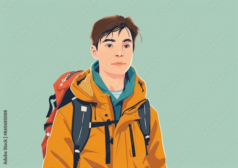 Illustrated Portrait of Young Adventurous Hiker with Backpack Illustrated Portrait of Young Adventurous Hiker with Backpack